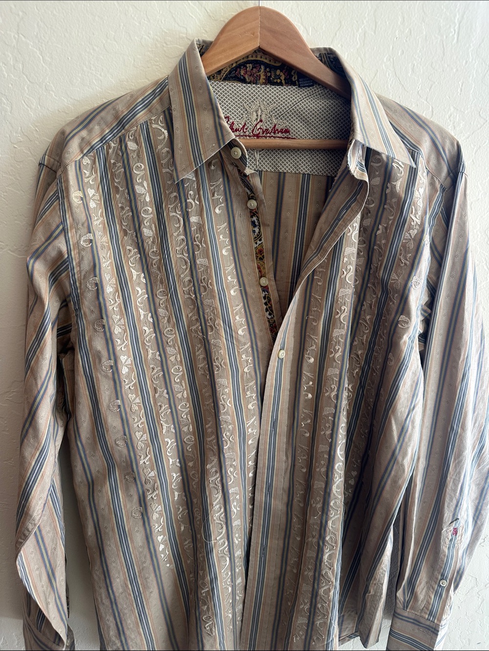 Robert Graham Beige and Blue Striped Embroidered Dress Shirt